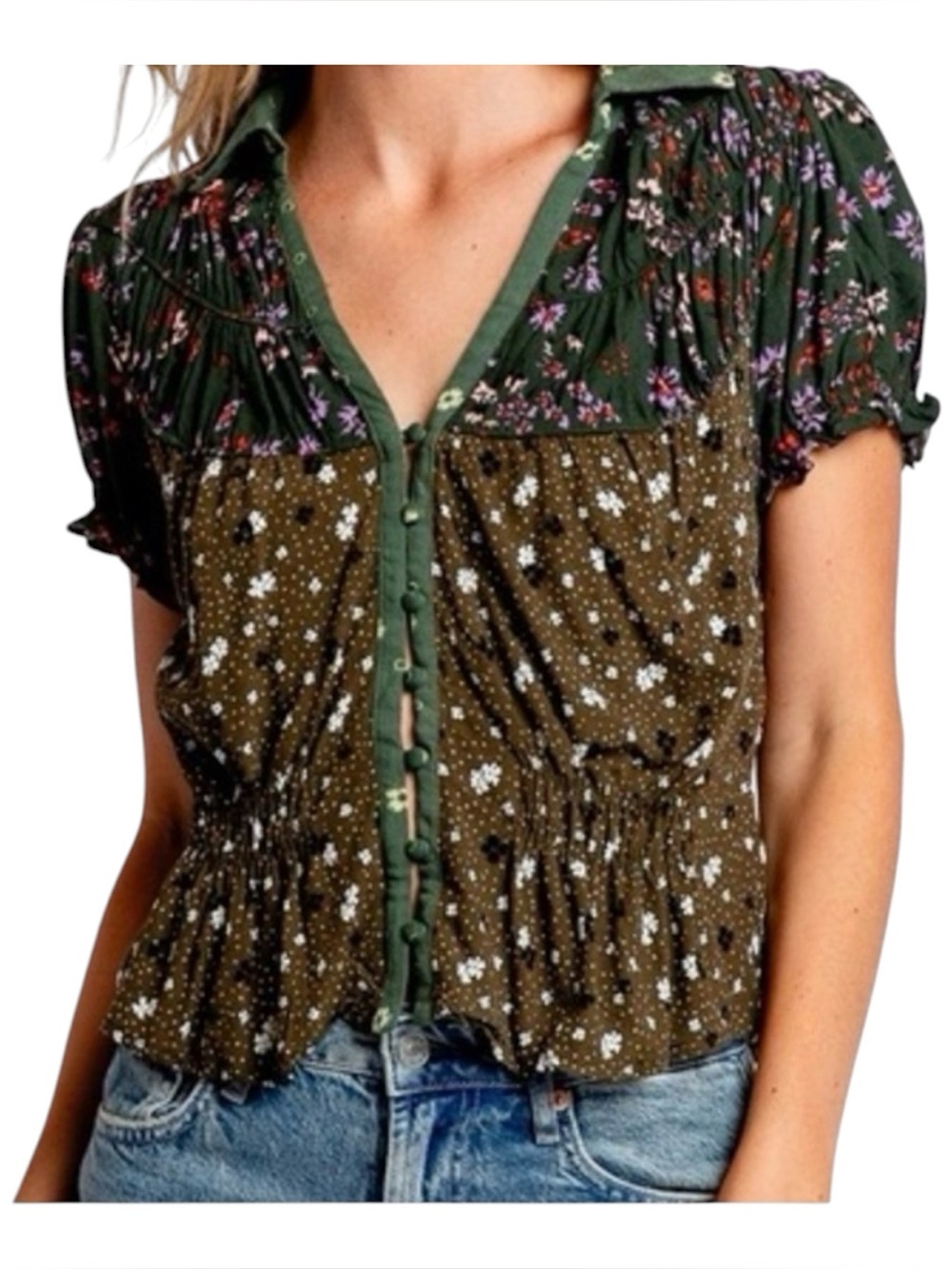 Free People Bella Button Up Blouse Floral Peplum Puff Sleeve Green M